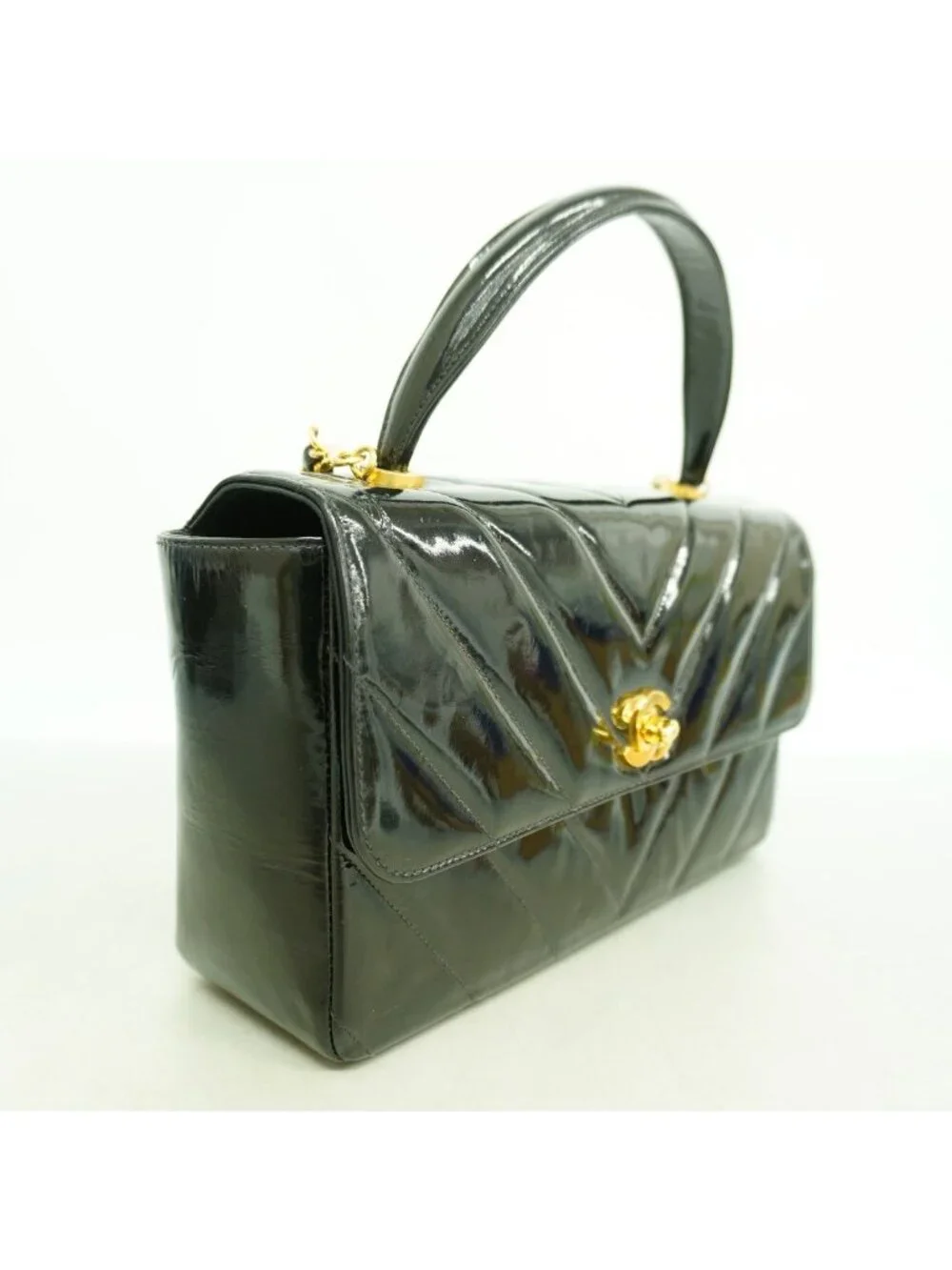 Chanel Handbag Stitch Patent Leather Black Gold 2-Way